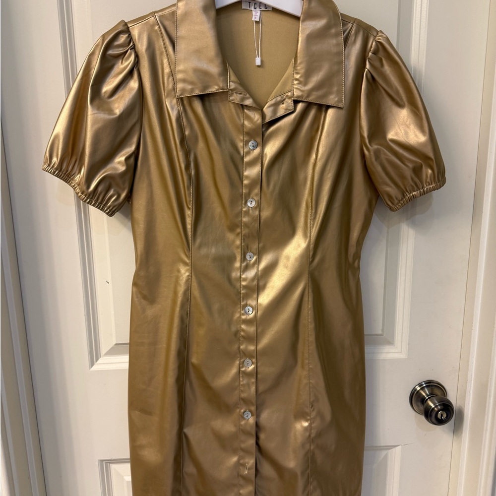 LSU SAINTS Gold Puff Sleeve Button-Up Dress